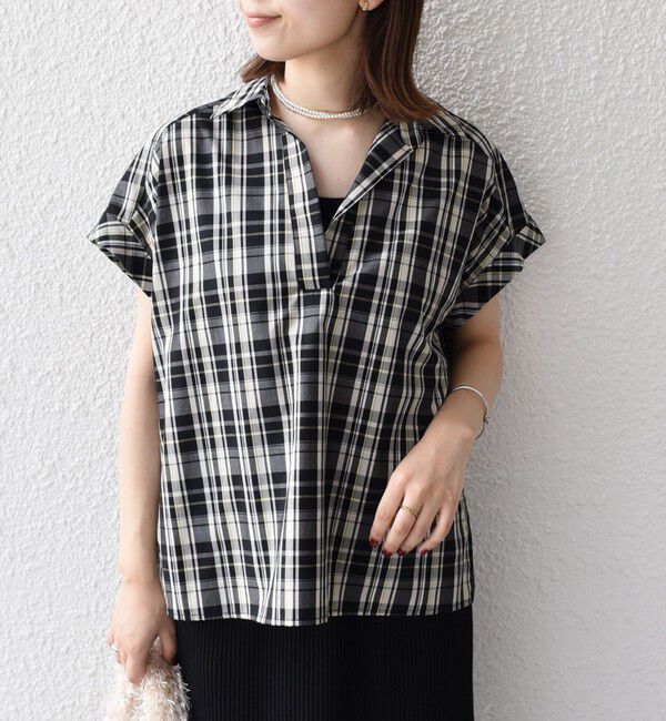 SHIPS Colors 「innowave:〈手洗い可能〉TC チェック スキッパー フレンチスリーブ ブラウス」|シャツ・ブラウス|グレー