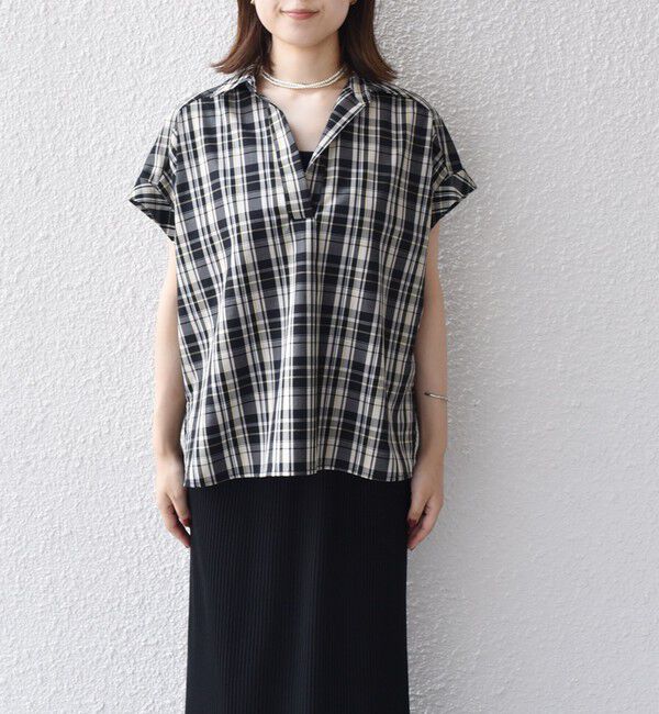 SHIPS Colors 「innowave:〈手洗い可能〉TC チェック スキッパー フレンチスリーブ ブラウス」|シャツ・ブラウス|