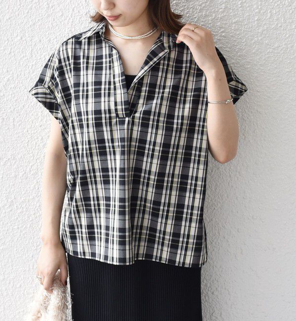 SHIPS Colors 「innowave:〈手洗い可能〉TC チェック スキッパー フレンチスリーブ ブラウス」|シャツ・ブラウス|