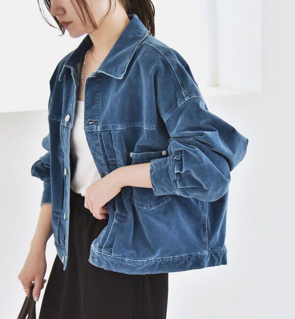 quaranciel「quaranciel:〈洗濯機可能〉コットン ベロア インディゴ ボリュームスリーブ ショート ブルゾン」|ブルゾン・スタジャン|