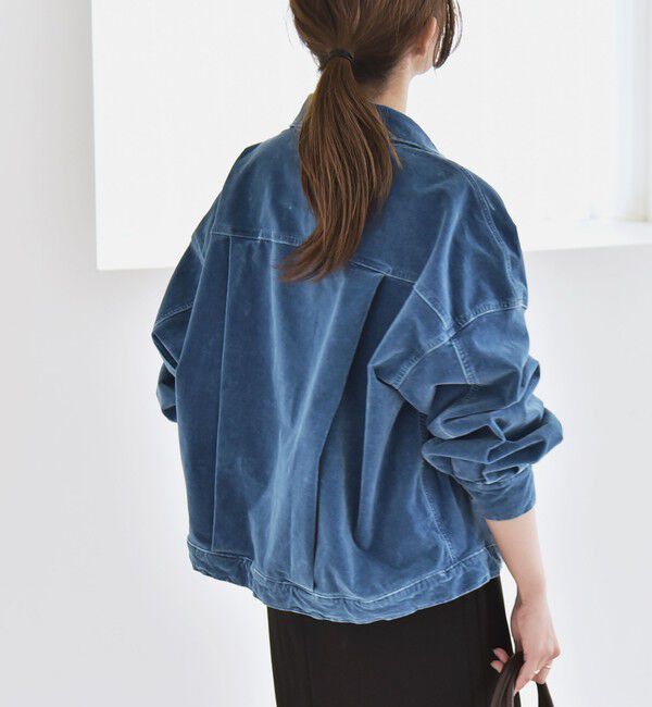 quaranciel「quaranciel:〈洗濯機可能〉コットン ベロア インディゴ ボリュームスリーブ ショート ブルゾン」|ブルゾン・スタジャン|