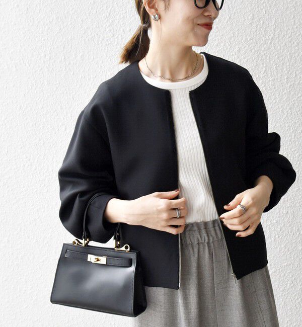 SHIPS any「《一部追加予約》SHIPS any:〈洗濯機可能〉ダブルクロス ノーカラー ジップ ブルゾン［NAVY BLUE］」|ノーカラージャケット|ブラック