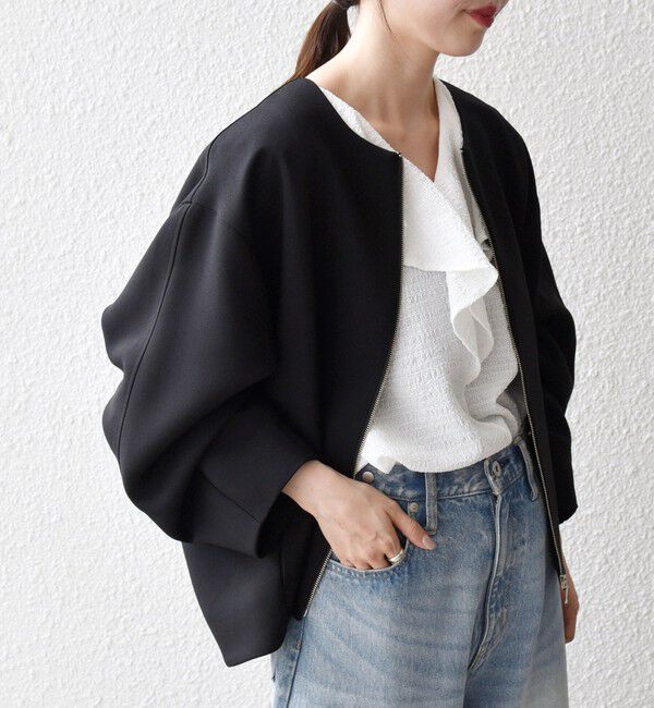 SHIPS any「《一部追加予約》SHIPS any:〈洗濯機可能〉ダブルクロス ノーカラー ジップ ブルゾン［NAVY BLUE］」|ノーカラージャケット|