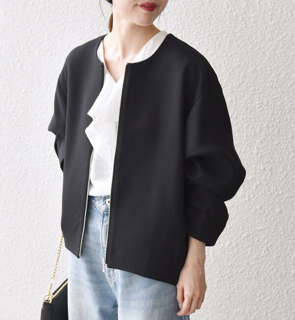 SHIPS any「《一部追加予約》SHIPS any:〈洗濯機可能〉ダブルクロス ノーカラー ジップ ブルゾン［NAVY BLUE］」|ノーカラージャケット|