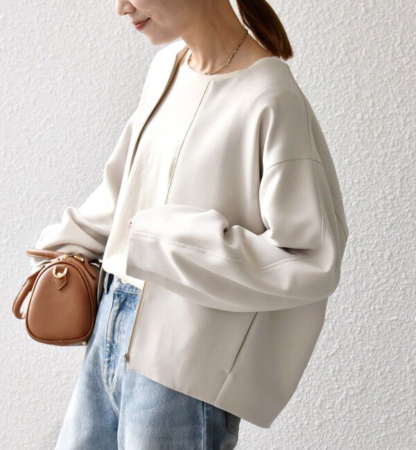 SHIPS any「《一部追加予約》SHIPS any:〈洗濯機可能〉ダブルクロス ノーカラー ジップ ブルゾン［NAVY BLUE］」|ノーカラージャケット|ベージュ