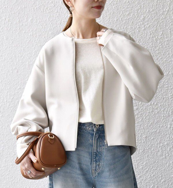 SHIPS any「《一部追加予約》SHIPS any:〈洗濯機可能〉ダブルクロス ノーカラー ジップ ブルゾン［NAVY BLUE］」|ノーカラージャケット|