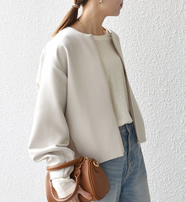 SHIPS any「《一部追加予約》SHIPS any:〈洗濯機可能〉ダブルクロス ノーカラー ジップ ブルゾン［NAVY BLUE］」|ノーカラージャケット|