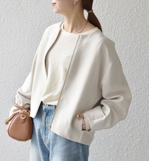 SHIPS any「《一部追加予約》SHIPS any:〈洗濯機可能〉ダブルクロス ノーカラー ジップ ブルゾン［NAVY BLUE］」|ノーカラージャケット|