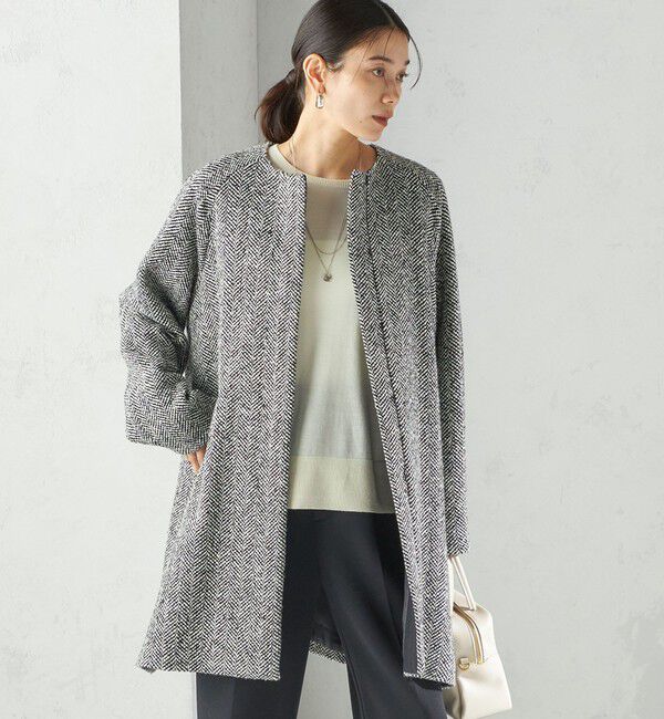 SHIPS for women「スパンコール ヘリンボーン ノーカラー コート」|ノーカラーコート|