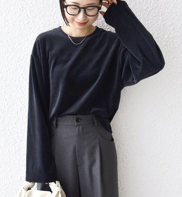 SHIPS for women「〈手洗い可能〉コットン ポリエステル ベロア ワイド スリーブ」|Tシャツ・カットソー|ネイビー