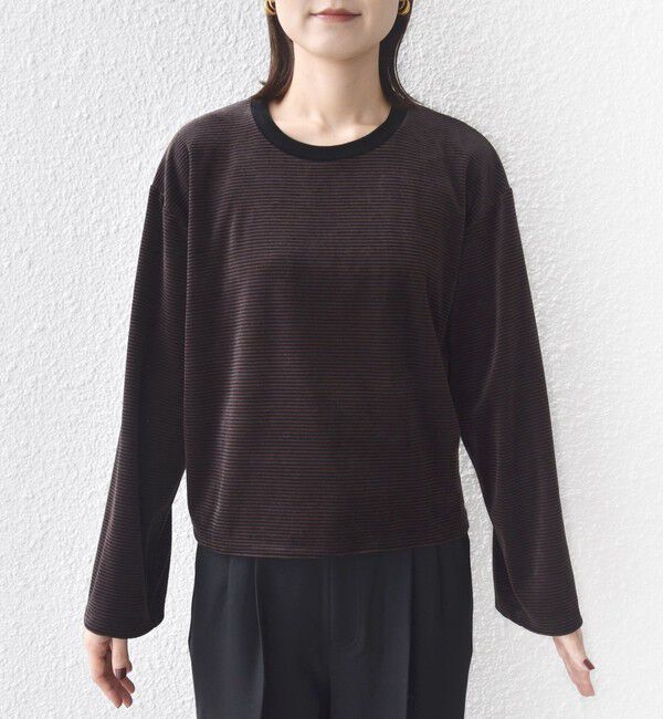 SHIPS for women「〈手洗い可能〉コットン ポリエステル ベロア ワイド スリーブ ボーダー」|Tシャツ・カットソー|