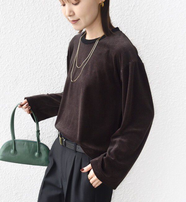 SHIPS for women「〈手洗い可能〉コットン ポリエステル ベロア ワイド スリーブ ボーダー」|Tシャツ・カットソー|