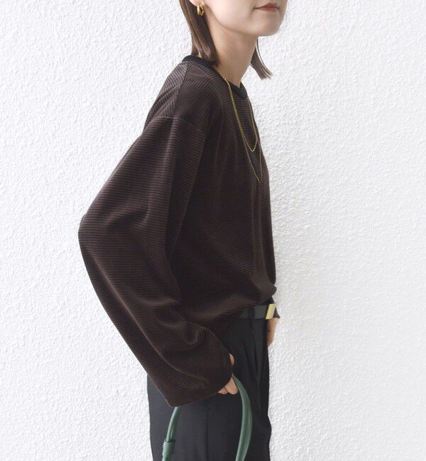 SHIPS for women「〈手洗い可能〉コットン ポリエステル ベロア ワイド スリーブ ボーダー」|Tシャツ・カットソー|