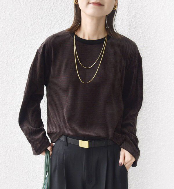 SHIPS for women「〈手洗い可能〉コットン ポリエステル ベロア ワイド スリーブ ボーダー」|Tシャツ・カットソー|
