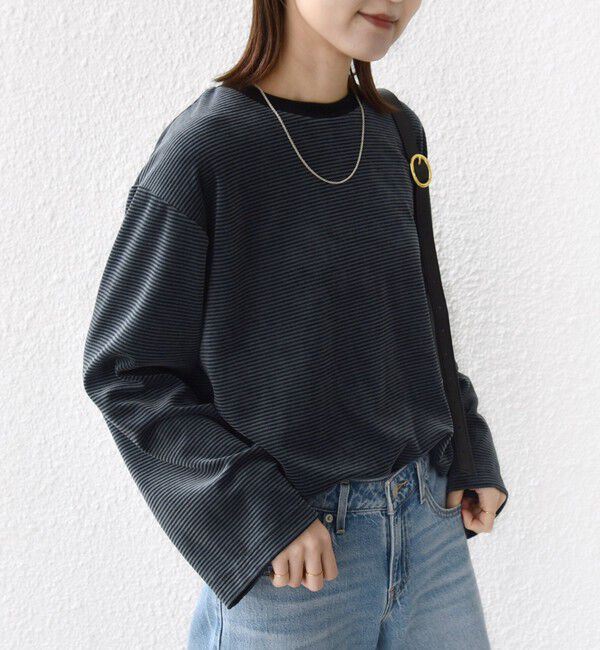 SHIPS for women「〈手洗い可能〉コットン ポリエステル ベロア ワイド スリーブ ボーダー」|Tシャツ・カットソー|