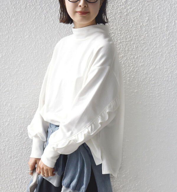 SHIPS for women「《予約》【WEB限定】〈手洗い可能〉モックネック 袖 フリル デザイン ミニ 裏毛 プルオーバー」|Tシャツ・カットソー|