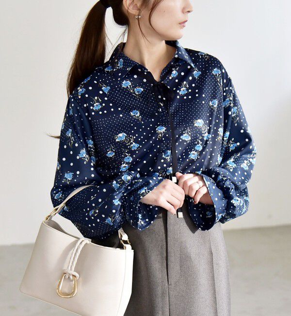 quaranciel「《予約》quaranciel:〈洗濯機可能〉ドット フラワー プリント リボンタイ シャツ」|シャツ・ブラウス|