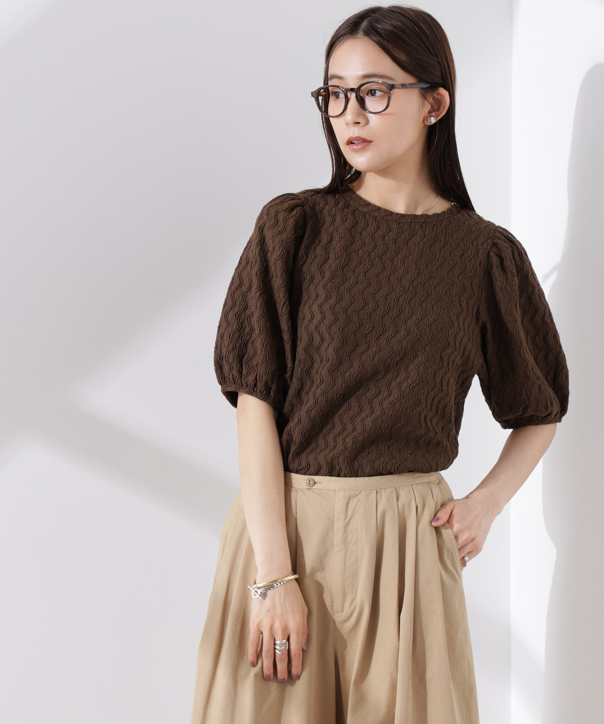 nano･universe「ウェーブジャガードボリュームスリーブプルオーバー」|Tシャツ・カットソー|ブラウン