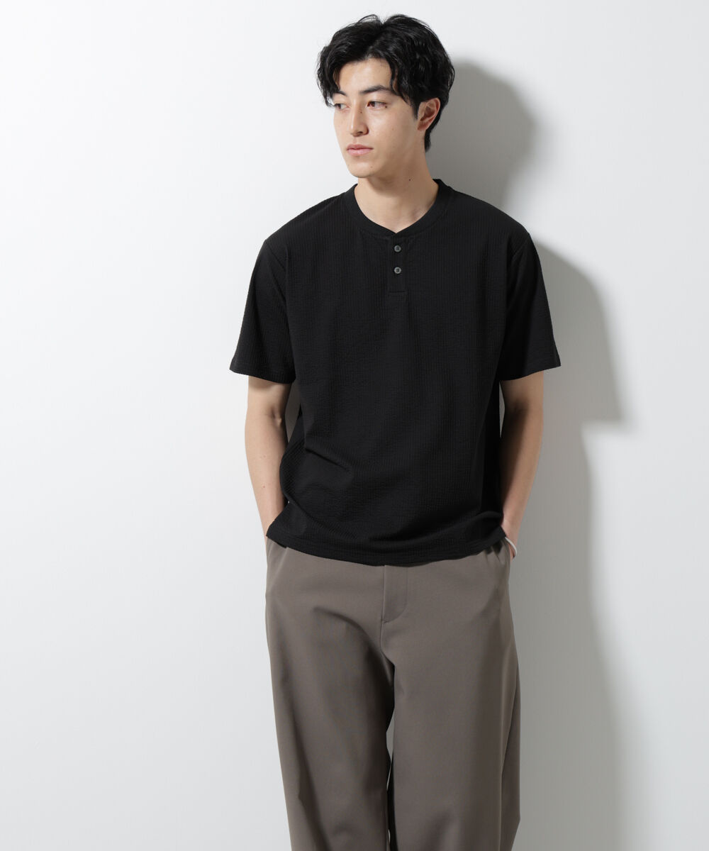 nano･universe「ジャージーサッカーヘンリーネックTシャツ 半袖」|Tシャツ・カットソー|ブラック