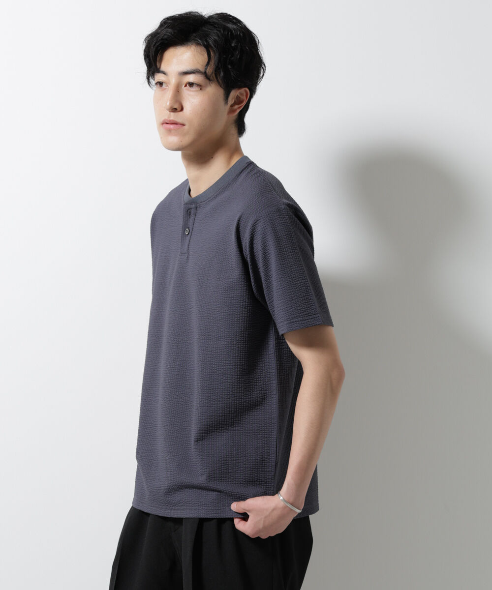 nano･universe「ジャージーサッカーヘンリーネックTシャツ 半袖」|Tシャツ・カットソー|グレー