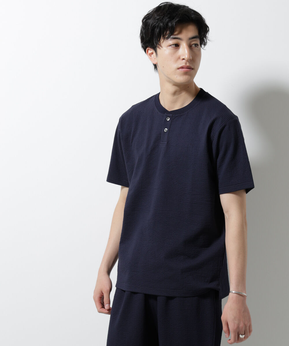 nano･universe「ジャージーサッカーヘンリーネックTシャツ 半袖」|Tシャツ・カットソー|ネイビー