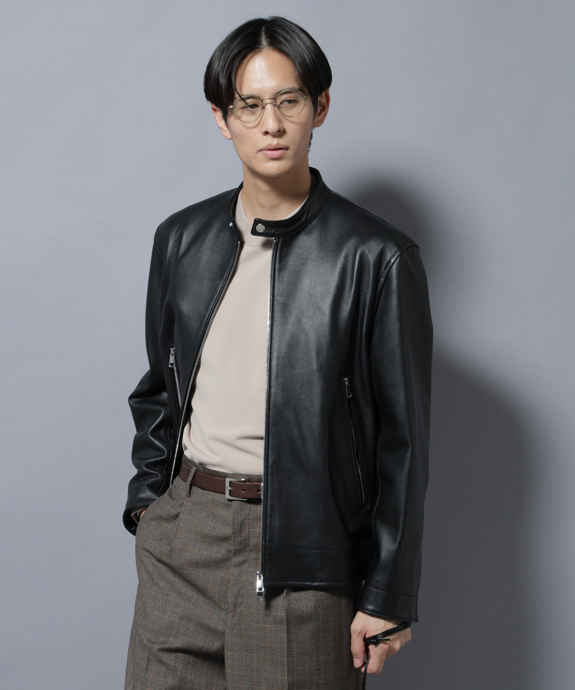 nano･universe「ラムナッパレザーバンドカラーライダースジャケット」|ライダースジャケット|ブラック