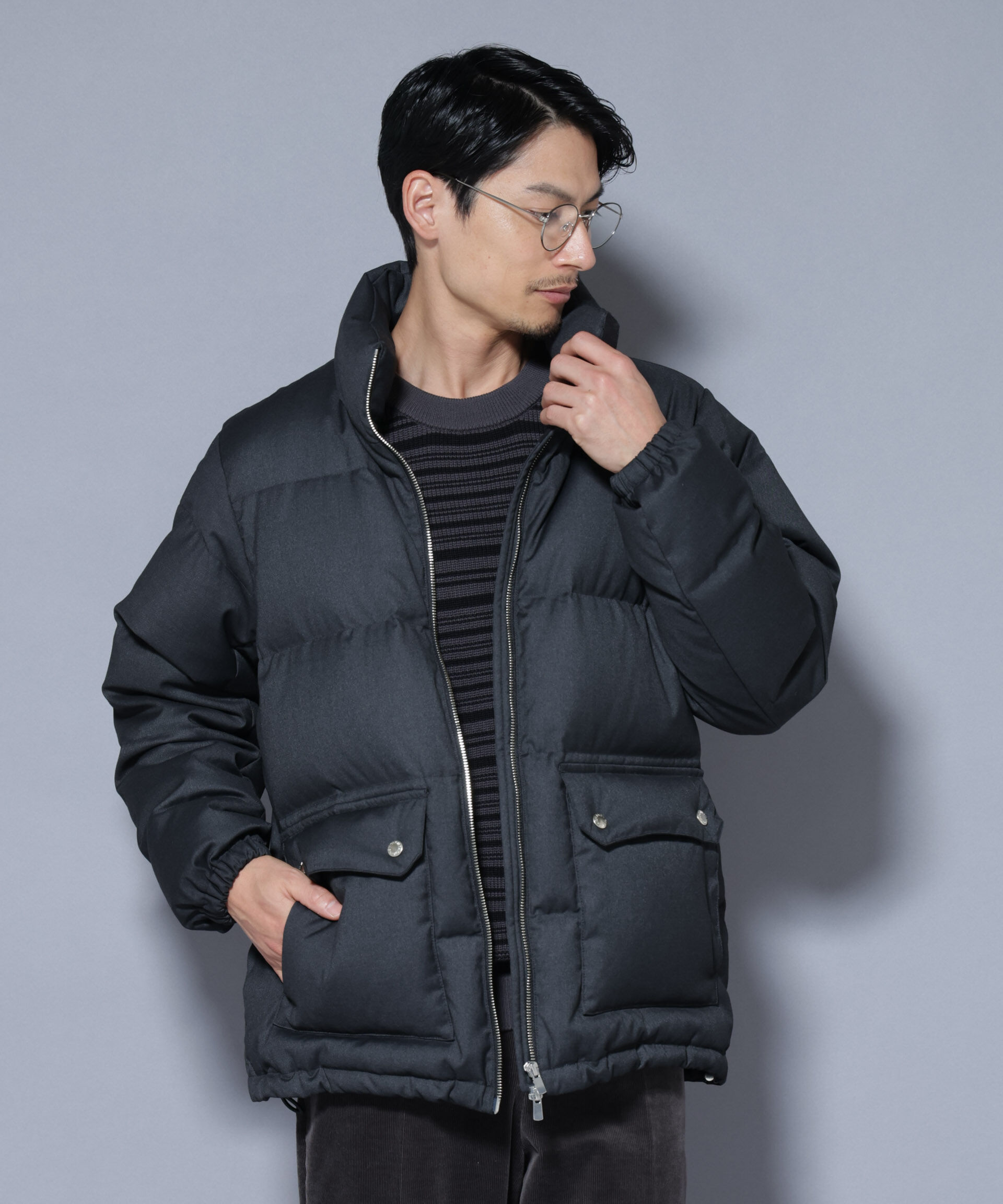 nano･universe「DELEGANTE エアリーサキソニー／グレンチェックTAIONダウンジャケット」|ダウン|