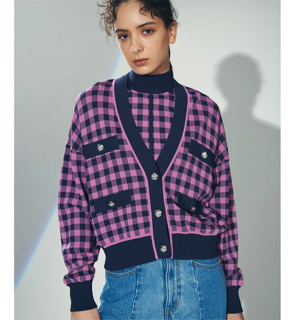 Diagram「チェックVネックニットカーディガン」|カーディガン|ピンク