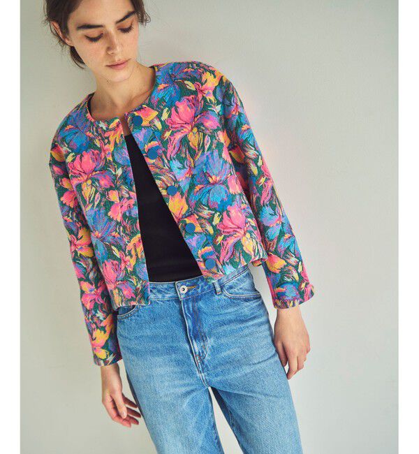 GRACE CONTINENTAL「フラワージャガードノーカラージャケット」|ノーカラージャケット|