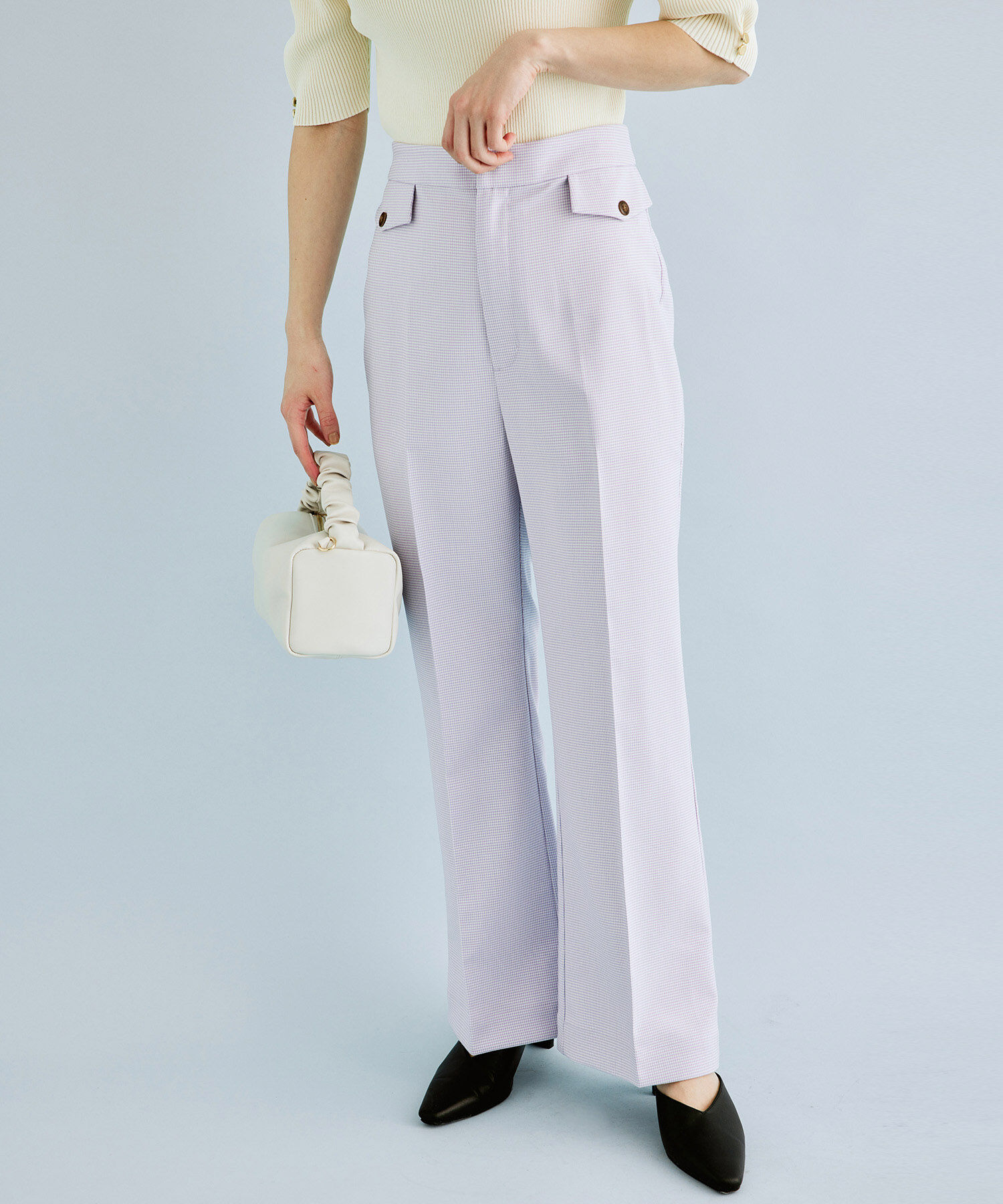 VIS「ミジンコ千鳥チェックフレアパンツ」|スラックス|ラベンダー(52)