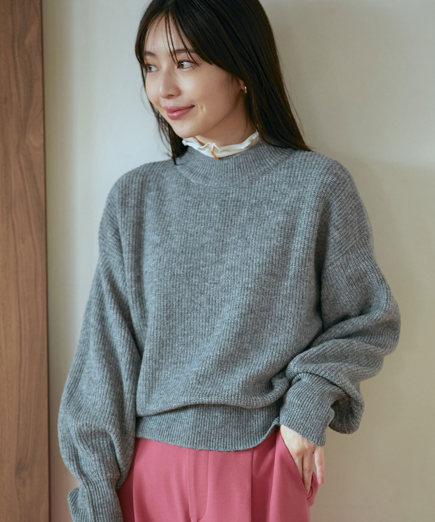 VIS「【洗える】ミドルゲージメランジ畦ハイネックニット」|ニット・セーター|グレー(07)