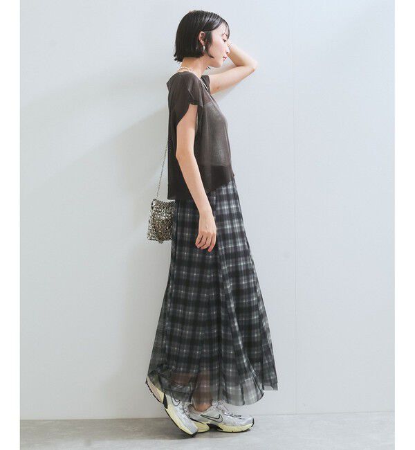 VIS「【洗える】チュールプリントチェックスカート」|スカート|