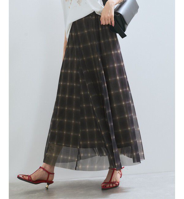 VIS「【洗える】チュールプリントチェックスカート」|スカート|