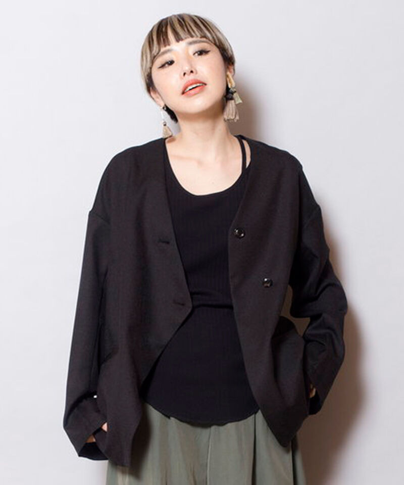  「ノーカラーアシンメトリージャケット」|ノーカラージャケット|BLACK