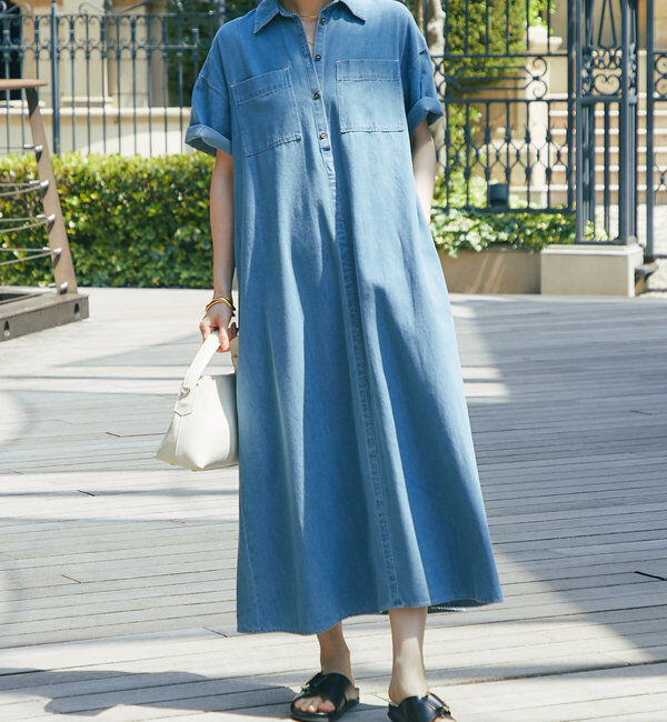  「《2サイズ・大人カジュアルなムードに》半袖デニムシャツワンピース」|その他|ブルー