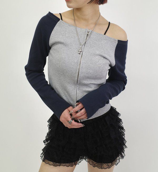  「【SLOPPY/スロッピー】ラインストーンリブジップワンオフショル」|Tシャツ・カットソー|