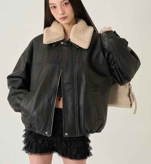  「【UNISEX/サイズ展開あり】3way ヴィンテージライクレザーボアブルゾン」|ブルゾン・スタジャン|