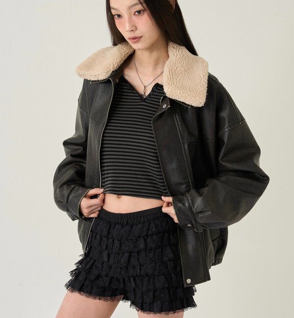  「【UNISEX/サイズ展開あり】3way ヴィンテージライクレザーボアブルゾン」|ブルゾン・スタジャン|ブラック