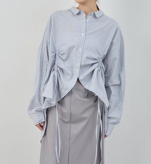  「【26SS予約】ストライプギャザーブラウス」|シャツ・ブラウス|ブルー