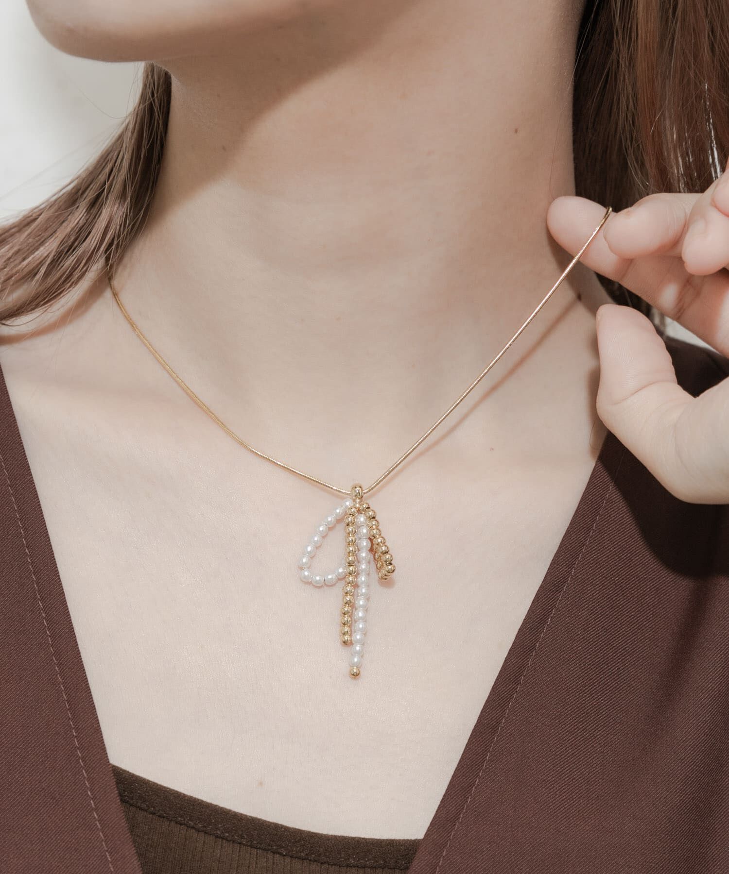 SMELLY「メタルパールビーズリボンネックレス」|ネックレス|