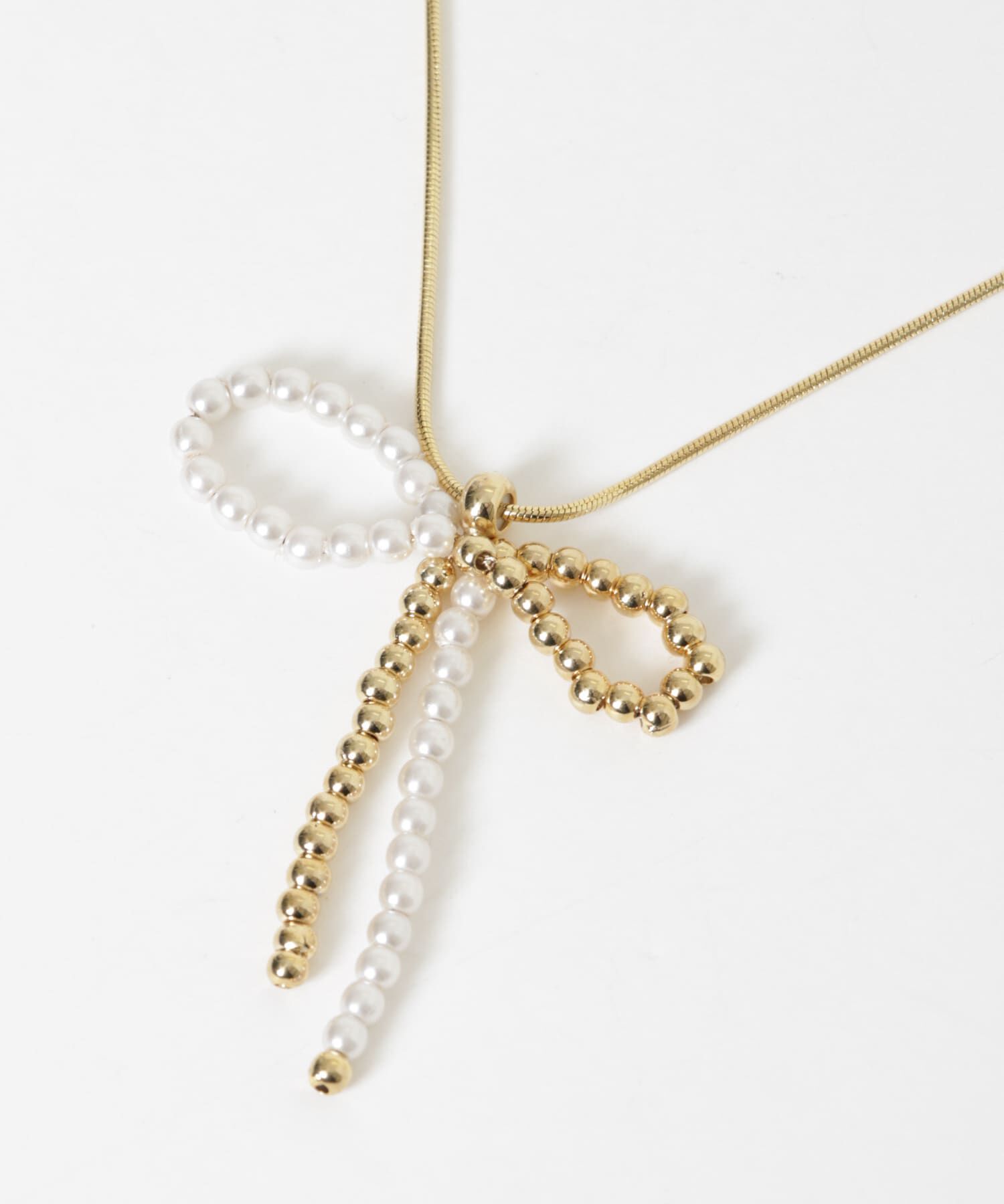 SMELLY「メタルパールビーズリボンネックレス」|ネックレス|