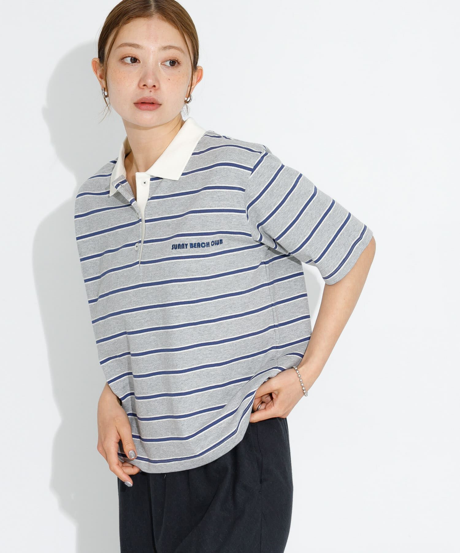 Sonny Label 「メッセージボーダーポロシャツ」|ポロシャツ|グレー