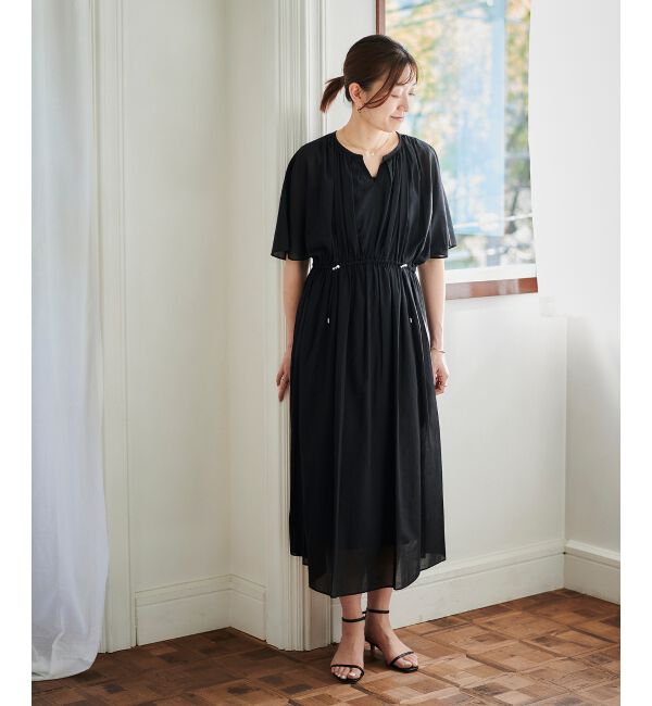 le.coeur blanc「スキッパーギャザーフレアスリーブワンピース」|ワンピース|ブラック