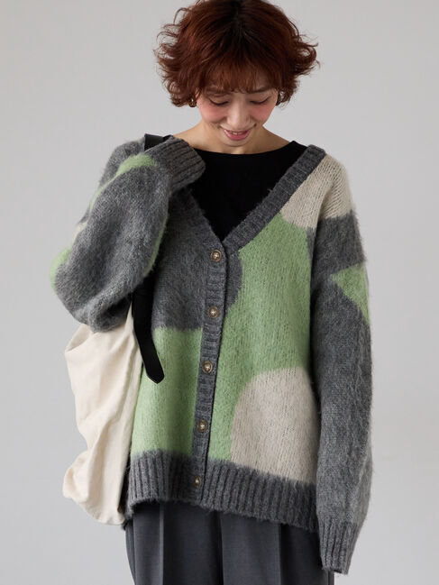 Lugnoncure「起毛ジャカードパッチワーク風Vネックカーディガン」|カーディガン|