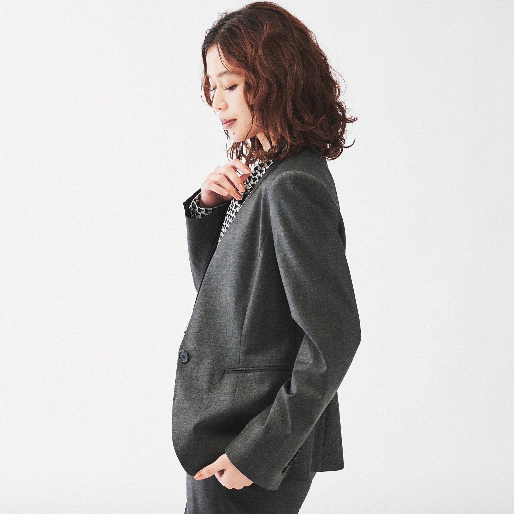 UNTITLED「【通勤スーツ/日本製】ウーステッド カラーレスジャケット」|ノーカラージャケット|