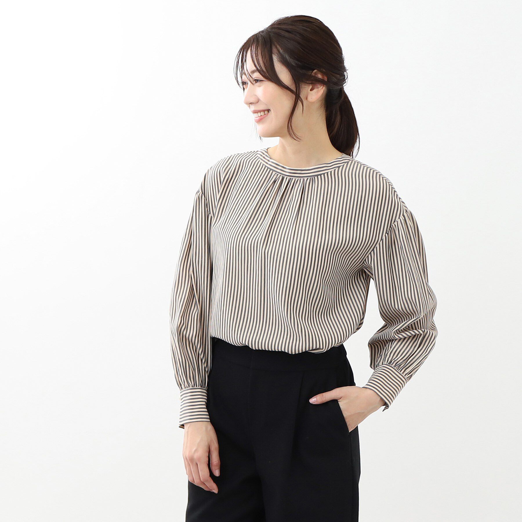 Reflect「【手洗い可】プチスタンドネックストライプブラウス」|シャツ・ブラウス|