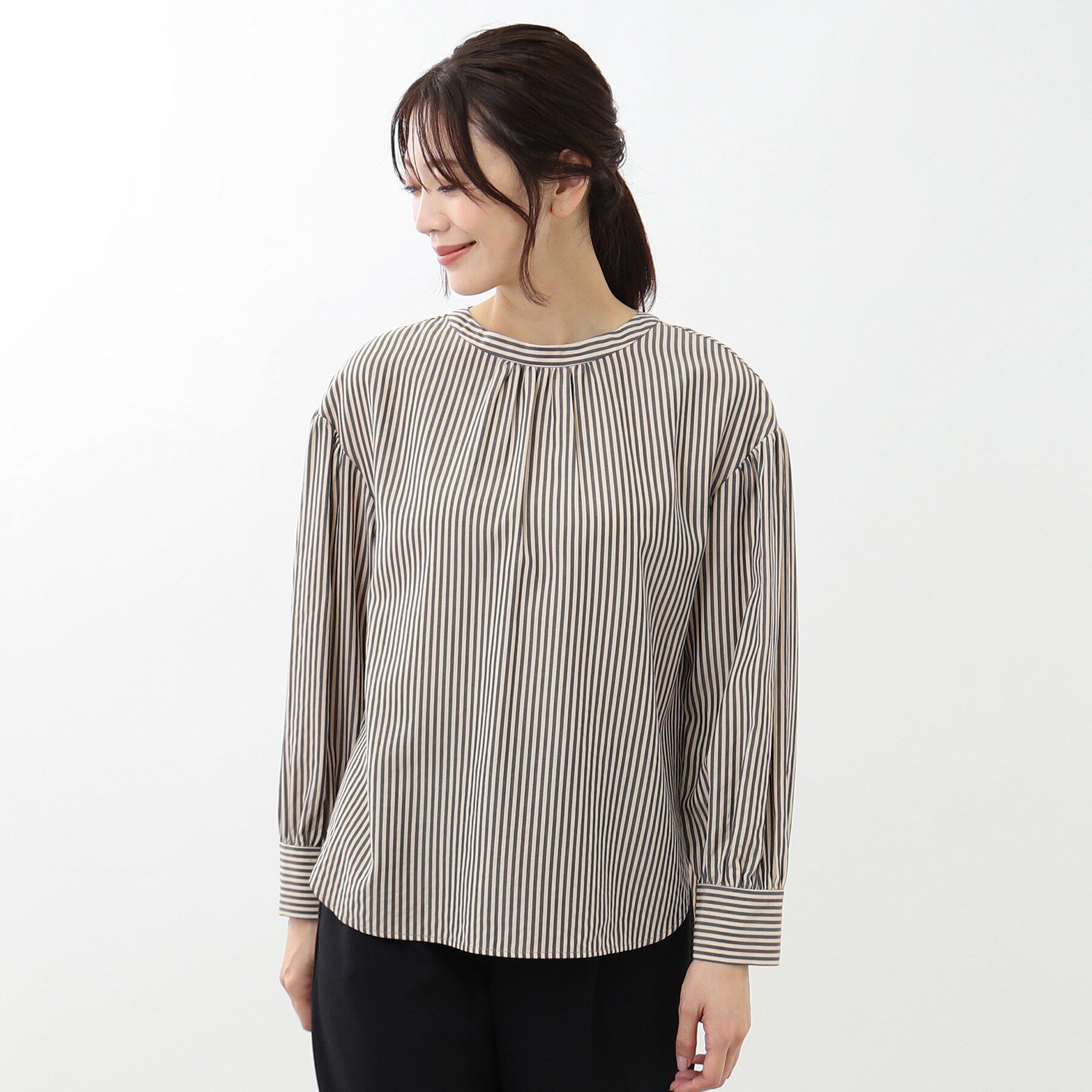 Reflect「【手洗い可】プチスタンドネックストライプブラウス」|シャツ・ブラウス|
