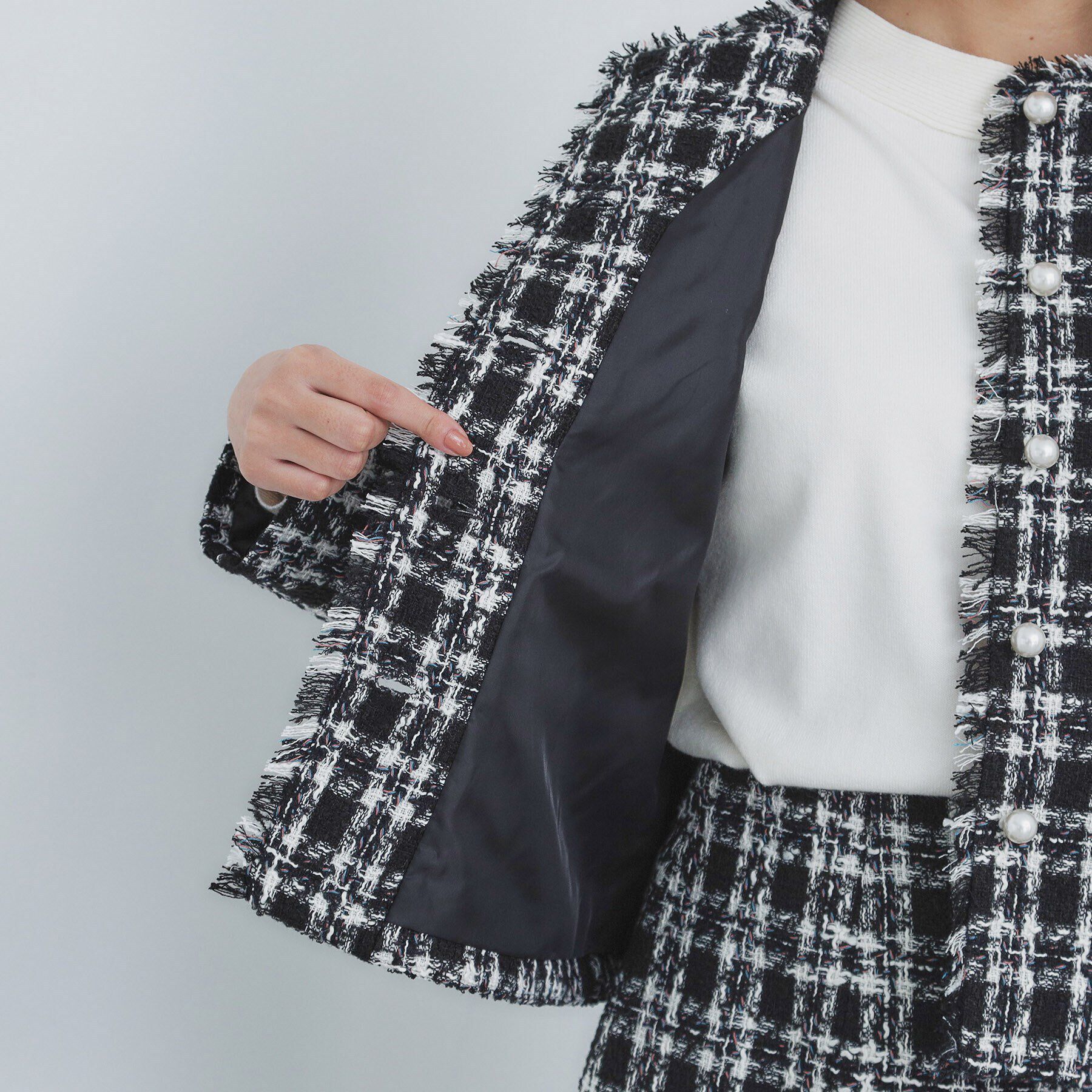 index「チェックツイードノーカラーコート/セットアップ対応【洗える】」|ノーカラーコート|