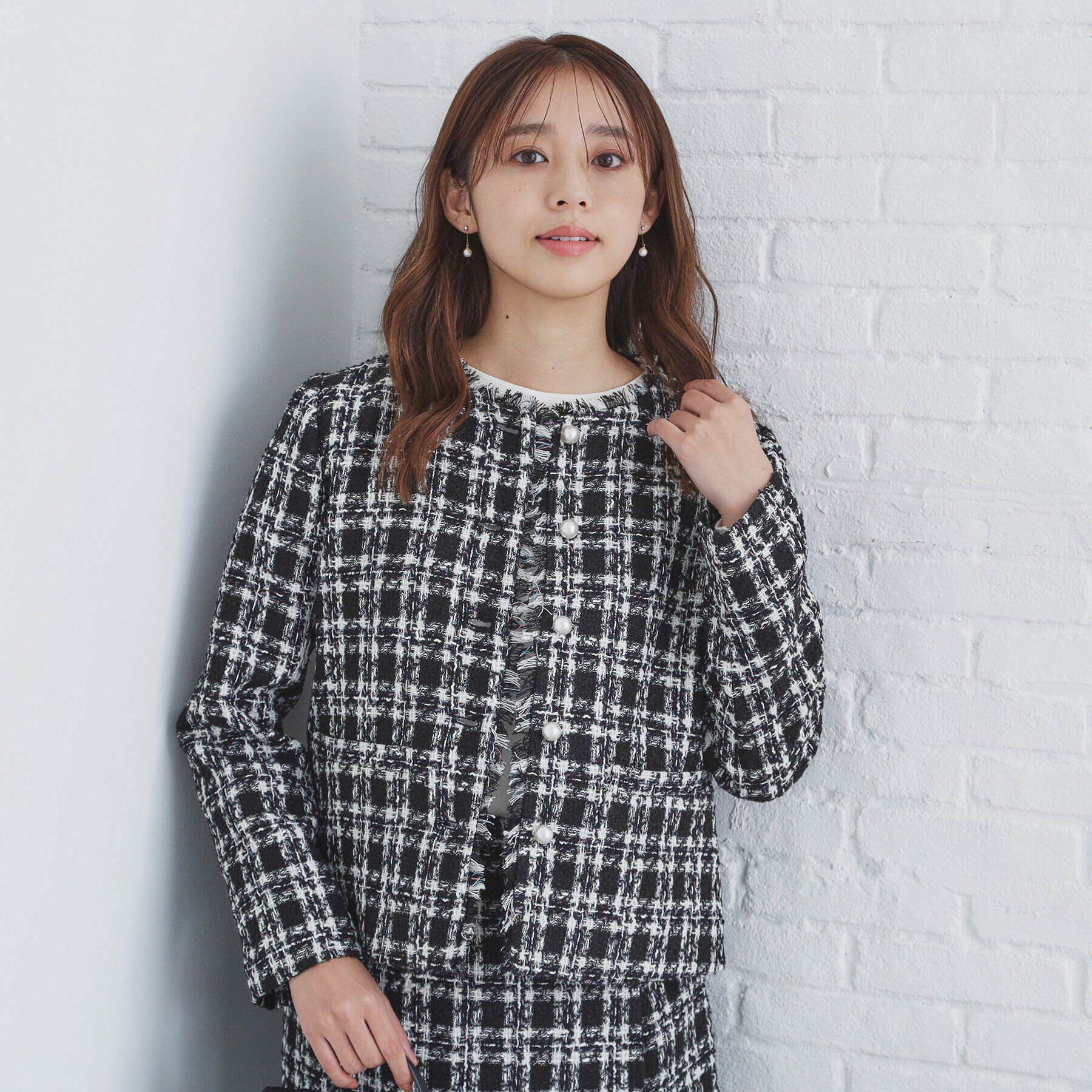 index「チェックツイードノーカラーコート/セットアップ対応【洗える】」|ノーカラーコート|ブラック(219)