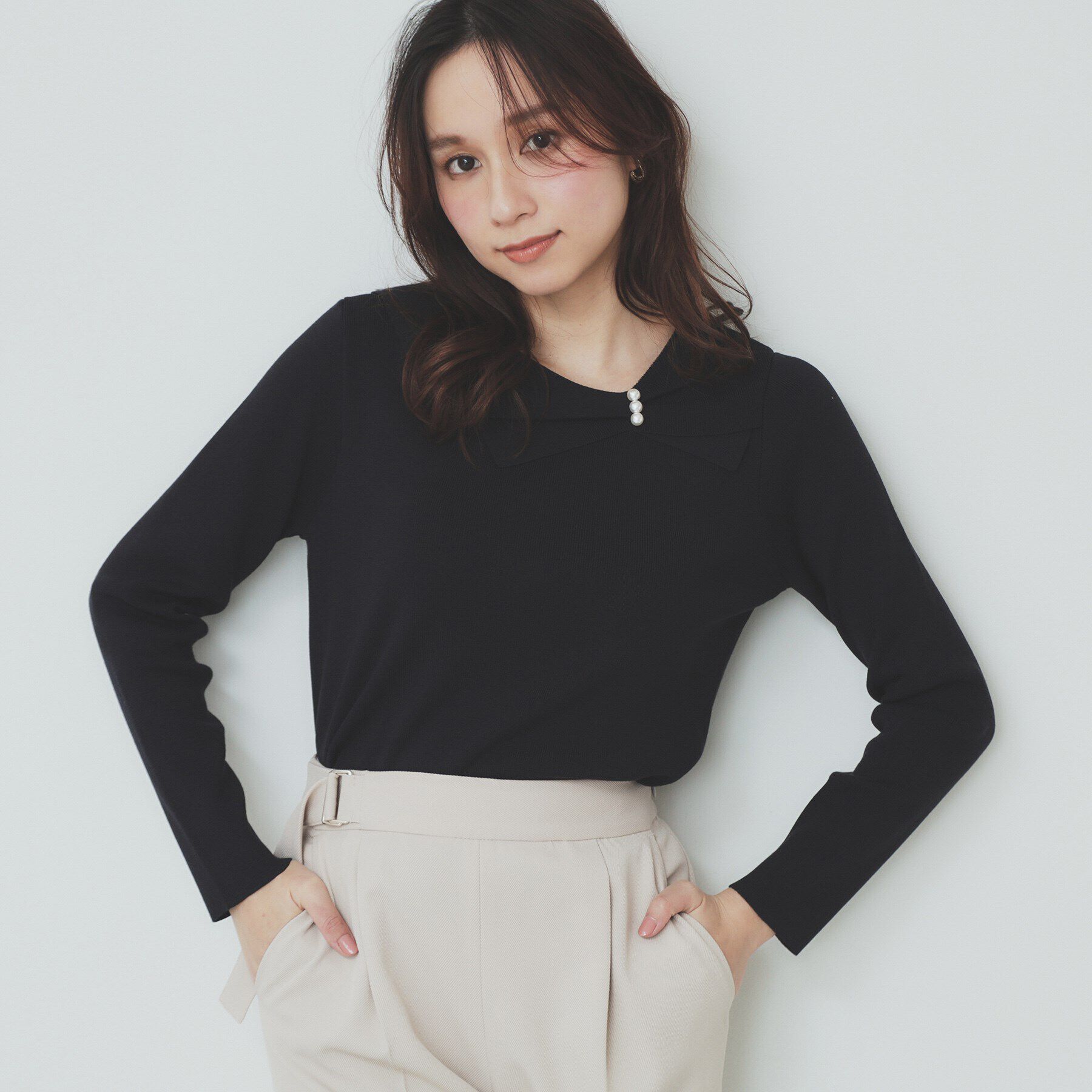 index「アシメリボンカラーニット【洗濯機洗い可】」|ニット・セーター|ネイビー(094)